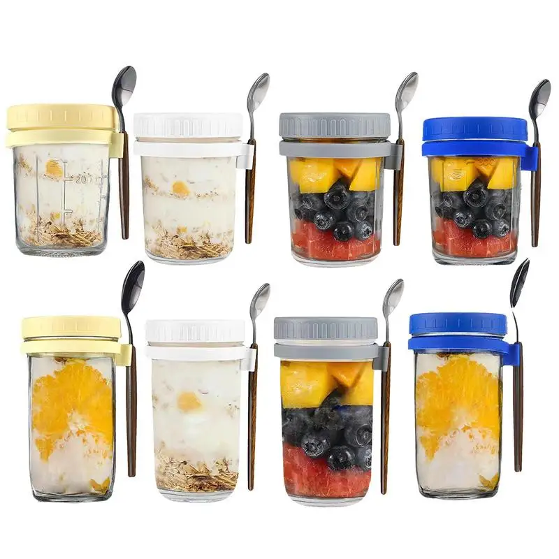 600/350ML Oats Jars With Lids Glass Container With Spoon Breakfast Cups Jars With Measuring Markings Jars For Milk Cereal Fruit