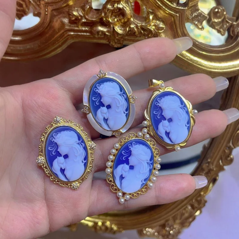 

s925Silver Inlaid German Cameo Agate Relief Girl Pendant Cameo Pendant