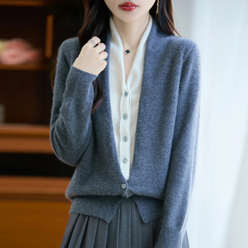 French style Autumn Winter Womens Pullover Sweater 100% Merino Wool Clothes Knit Fake Two Pieces V-neck Single Breasted Lady Top
