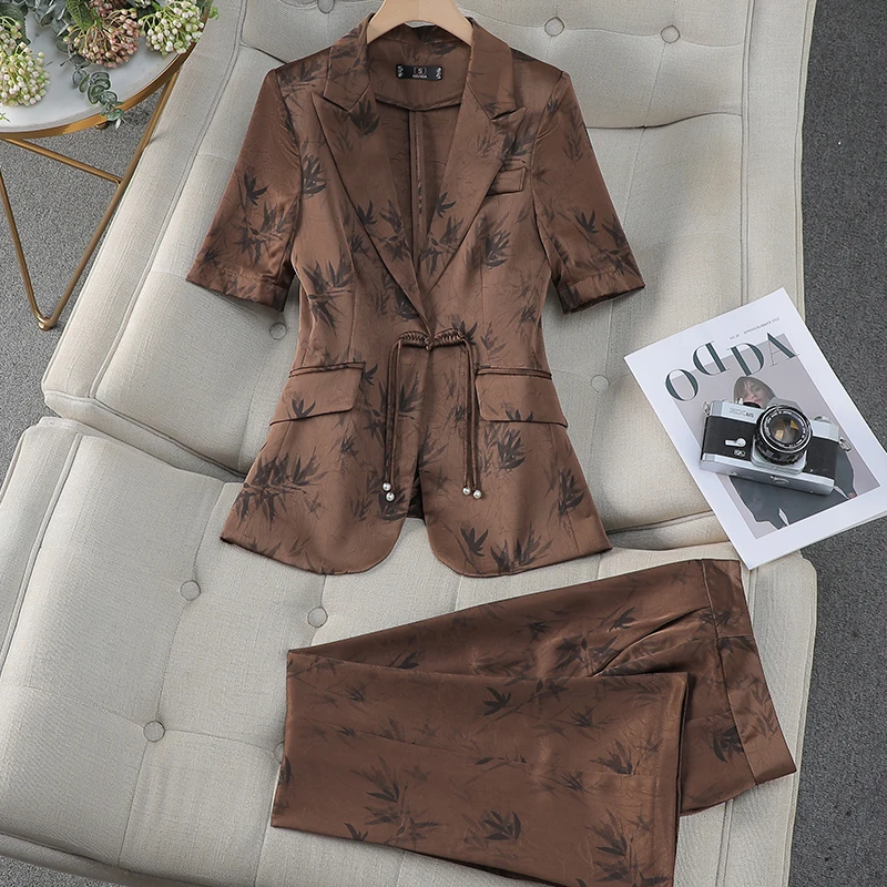 Summer Women Pant Suit Yellow Pink Brown Office Ladies Female Business Work Wear 2 Piece Set Formal Blazer Jacket And Trouser