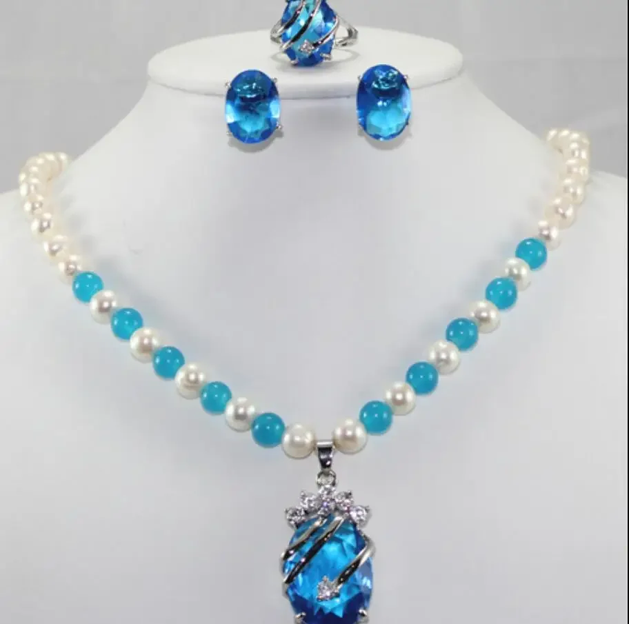 

7-8mm Natural White Freshwater Pearl Pendant Necklace Light Blue Faceted Zircon Earrings Jewelry Set Gift