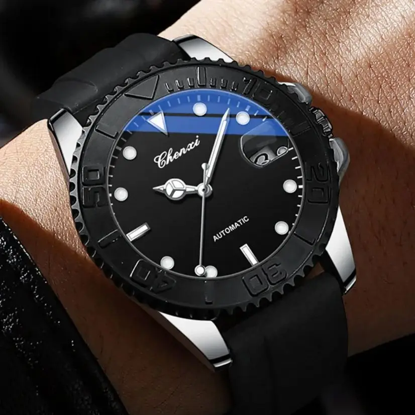Hot-Selling Men's Automatic Mechanical Watch, Skeleton Design, Waterproof, Scratch-Resistant Mirror Surface, Diving Style Men's Wristwatch, Calendar Display, Luminous Hands, Rubber Strap, Outdoor Casual Business Versatile Light Luxury Men's Watch, High-End Business Casual All-Match Men's Holiday Gift Watch