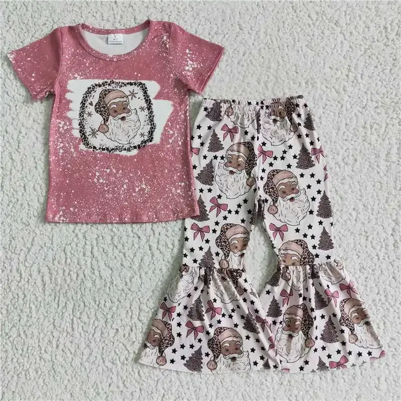 

2022 RTS New Design Western Rose Pink Christmas Santa Claus Baby Girls Short Shirt White Bell Bottoms Hot Selling For Kids