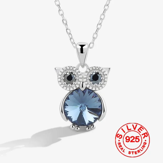 Silver color Blue Cute Owl Stone Choker Necklace For Women Wide Fine Jewelry Wedding Party Birthday Gift