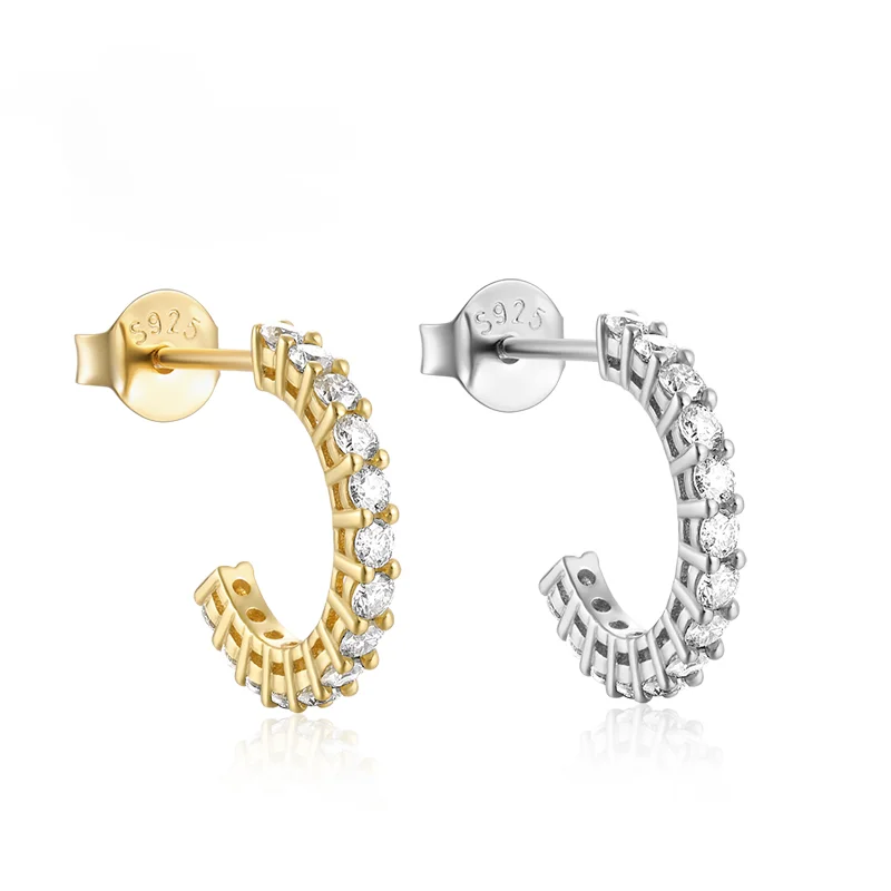 

925 Sterling Silver C-shaped Stud Earring Real Moissanite Stone Inlaid Diamond Versatile Earring For Wedding Jewerly Gift