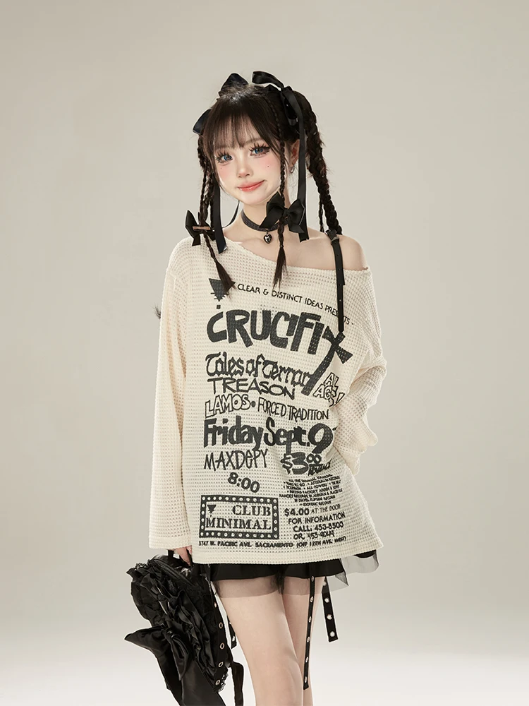 Fashion Women's 2024 Early Spring Off-the-Shoulder Sling Sweaters Feminine Chic Loose Sweaters Hot Girl Long Sleeve Pullover Top