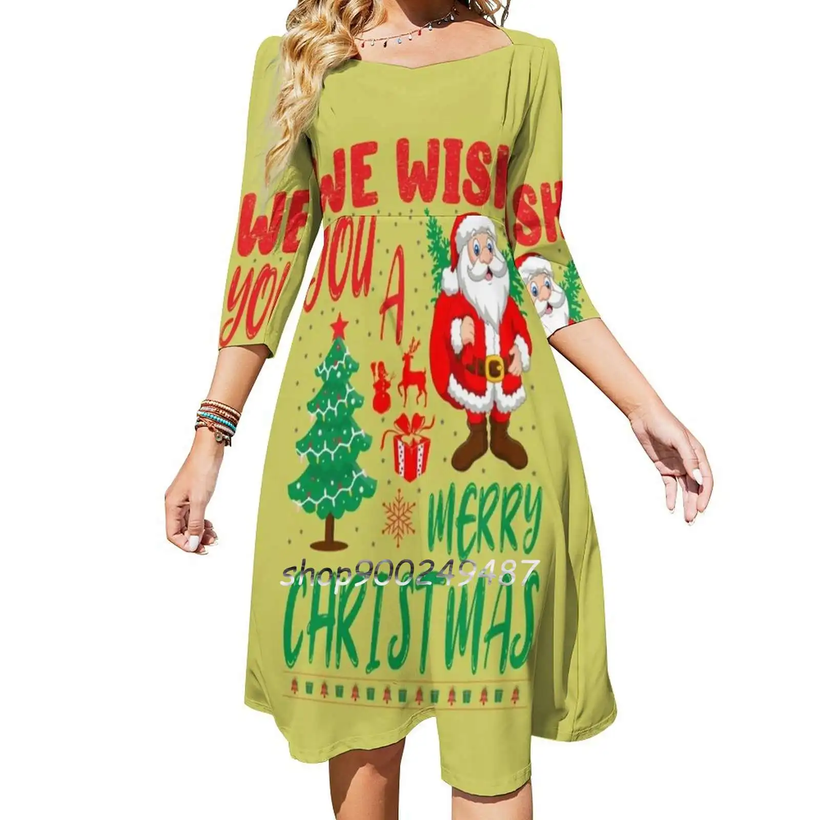 Vrolijk Kerstfeest Leuke Kerstman T-shirt Vierkante Hals Jurk Zoete Zomer Jurk Vrouwen Elegante Halter Print Jurk Kerstman