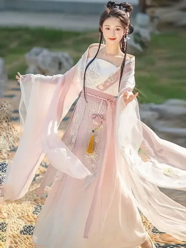 Improved Hanfu Women's Autumn And Winter Wide Sleeves Embroidery Dress Chinese Wei-Jin Traditional Style Cosplay Costume