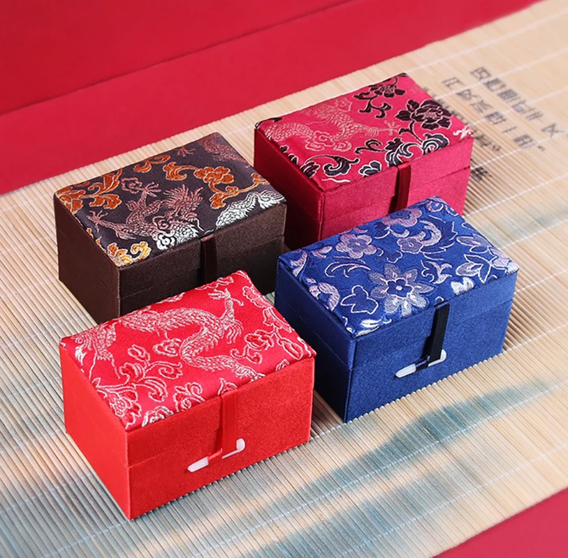 Rectangle Chinese Silk Brocade Jewelry Box Cotton Filled Gift Packaging Boxes Stone Crafts Small Ornaments Storage Cases New