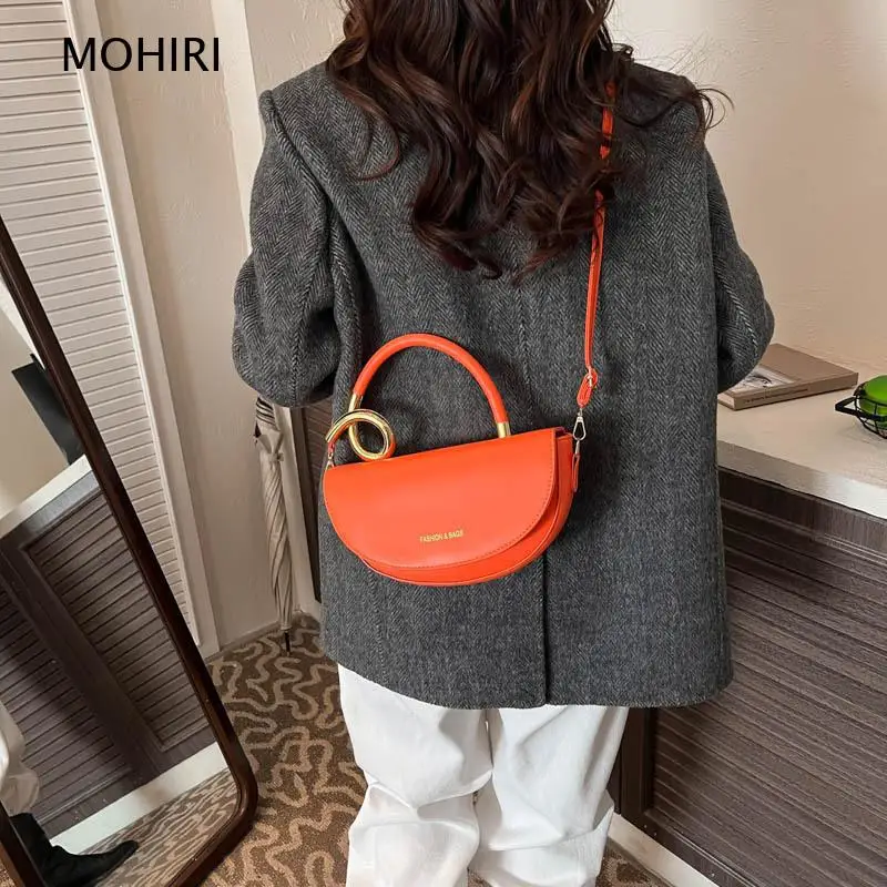 Fashion Half Moon Small Bag Smooth Texture Portable Top Handle Purse Trendy Multi Color Crossbody Shoulder Bag for Street Party