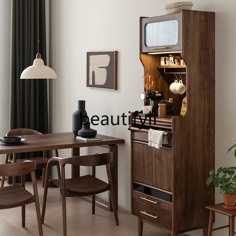 Nordic black walnut hole board dining side cabinet small apartment household retro storage tea cabinet