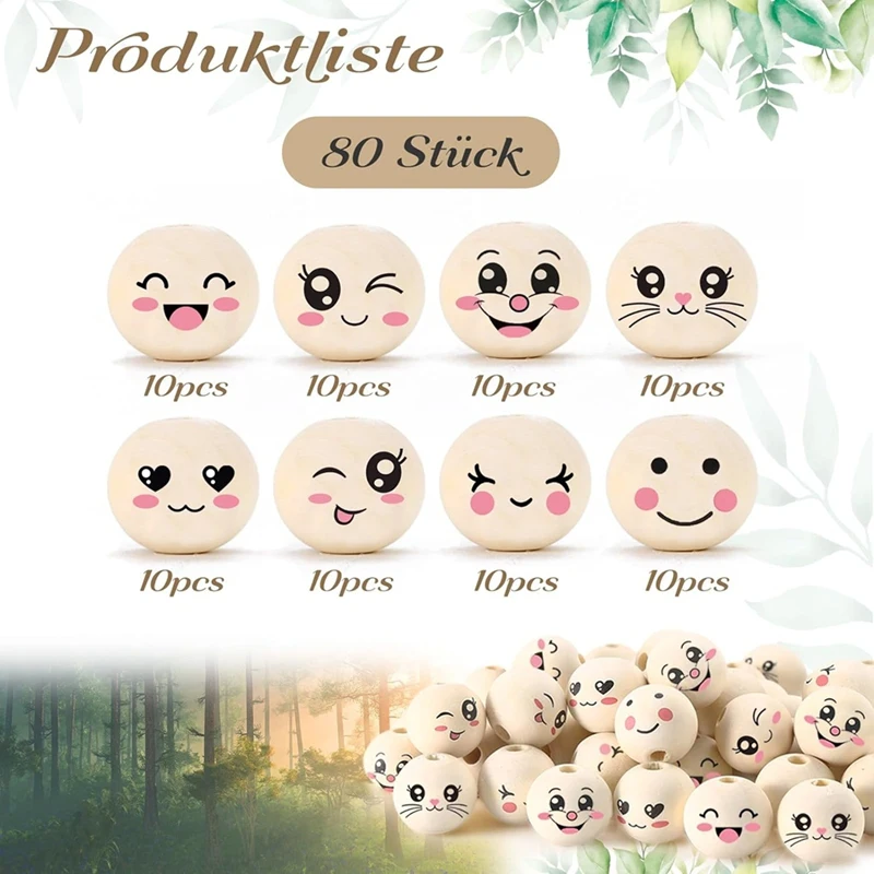 8 Styles Wooden Beads With Face 20 Mm Smile Face Wooden Bead Natural Wood Beads Round With Hole Pack Of 80