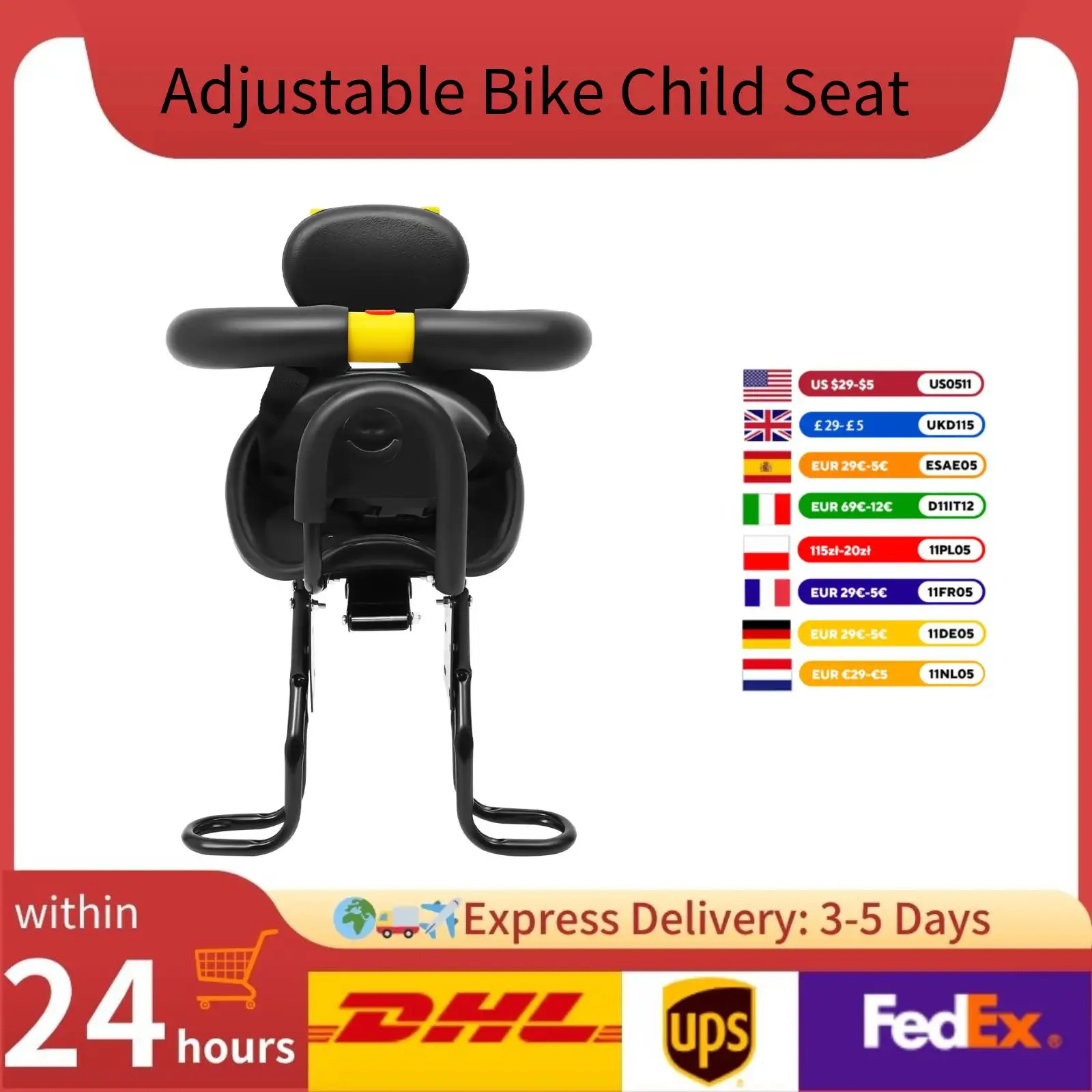 

Bike Child Seat Adjustable Toddler Bicycle Carrier with Removable Pedals Front-Mounted Chair Carrier for Kids 1-5 Years