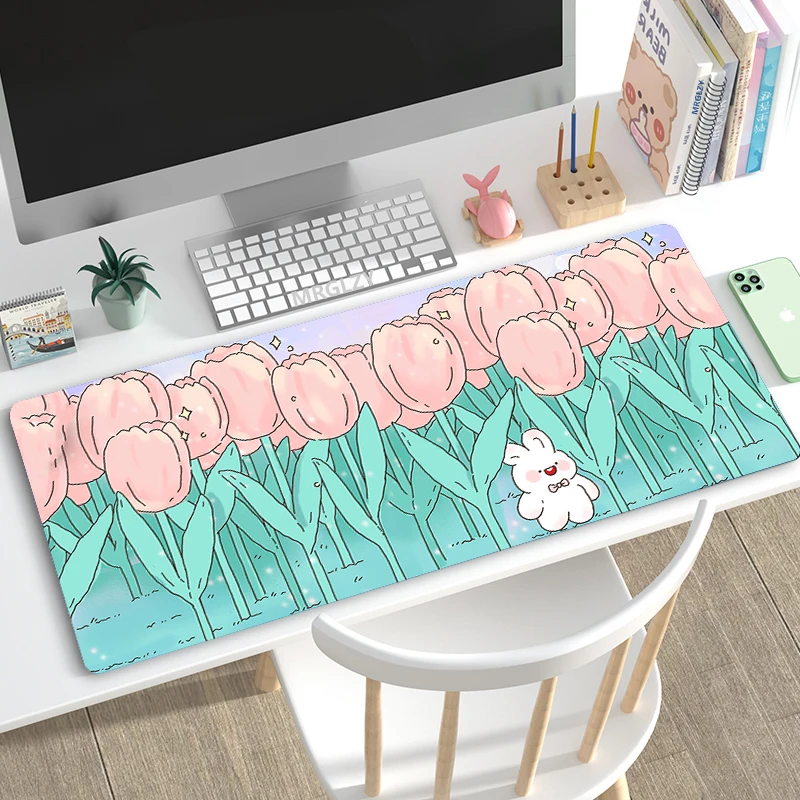 

Cute Pink Tulips Mouse Pad Desk Mats Kawaii Large Office Keyboard MouseMat Purple Rugs Mousepad Cartoon Girly Gamer for Laptop