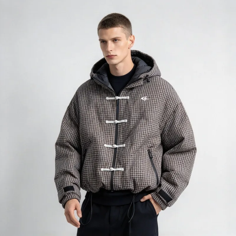 UETEEY Plaid Hooded Short Jacket Men Windproof American Street Style Jackets Loose Oversized Outdoor Casual Coat Man Women