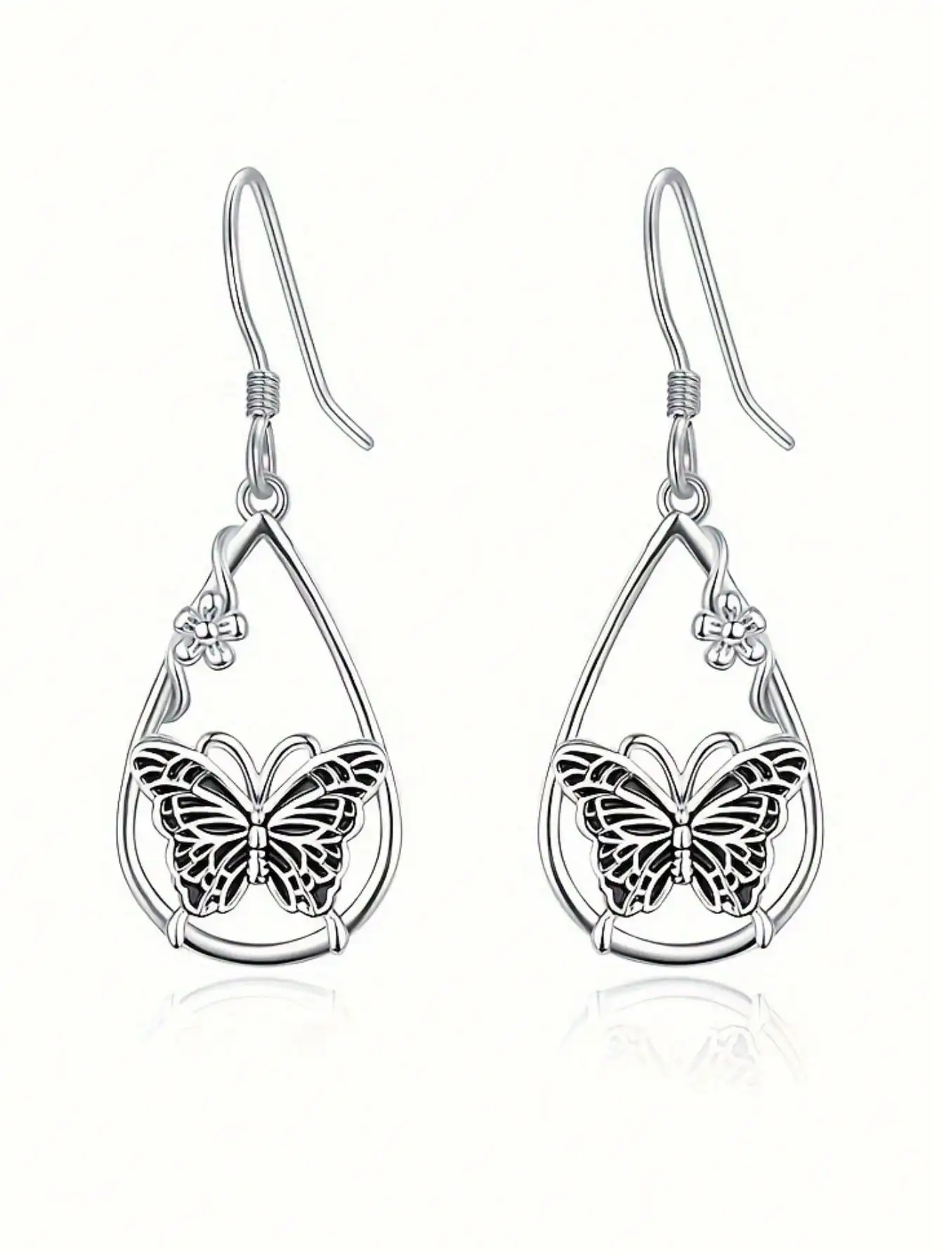 

1pair Vintage Fashionable Water Drop Shaped Forest Inspired Hollow Out Butterfly & Flower Pendant Earrings, Women Gift Jewelry
