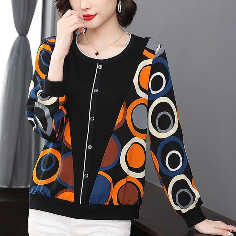 

Fashion O-Neck Button Spliced All-match Printed Blouse Women's Clothing 2023 Autumn New Oversized Casual Pullovers Commute Shirt