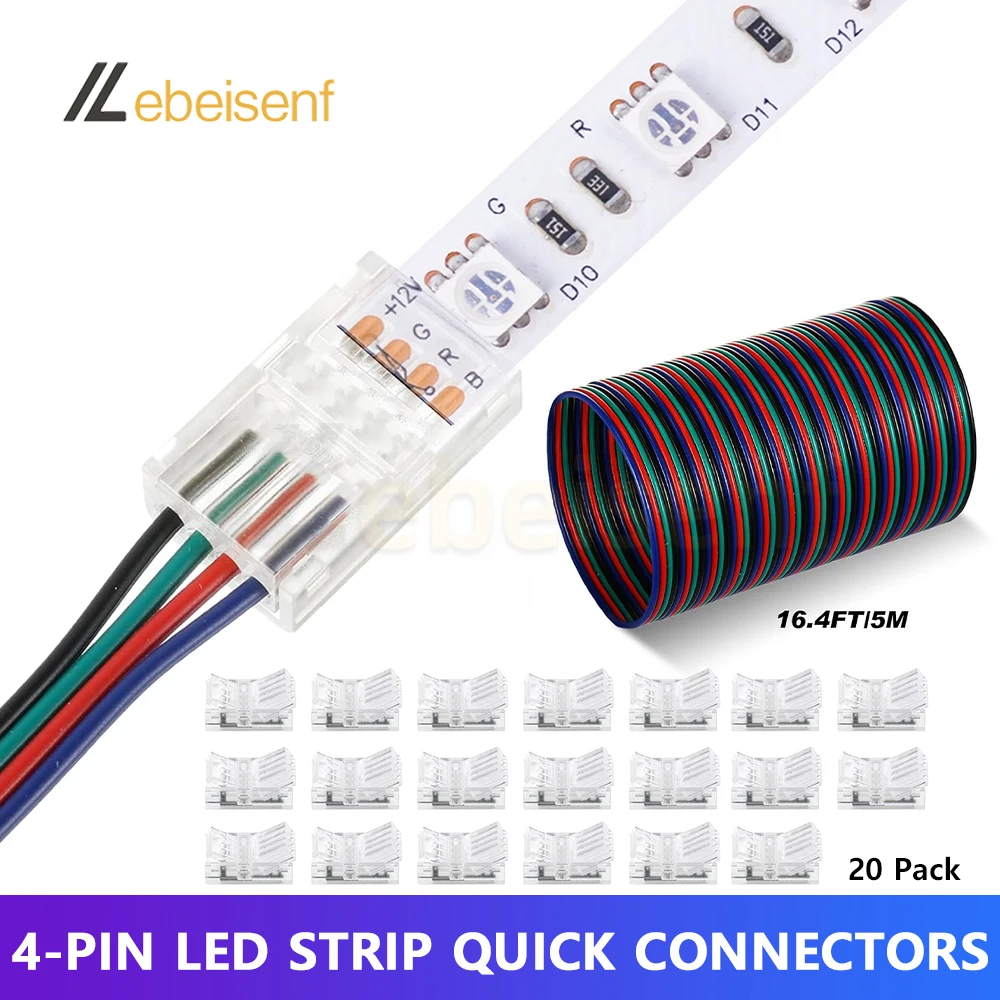 8/10 mm RGB LED Flexible Strip Quick Connectors 4 Pin Extension Cable 16.4 Feet Wire Strip Lights Solderless LED Strip Connector