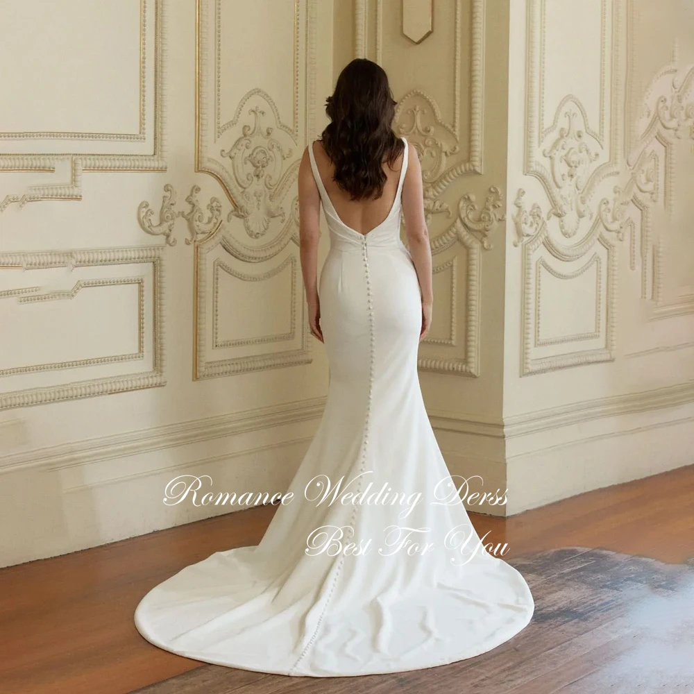 Simples plissado arco sereia vestido de casamento recortado alças espaguete sem mangas aberto volta vestido de noiva vestidos de novia personalizado
