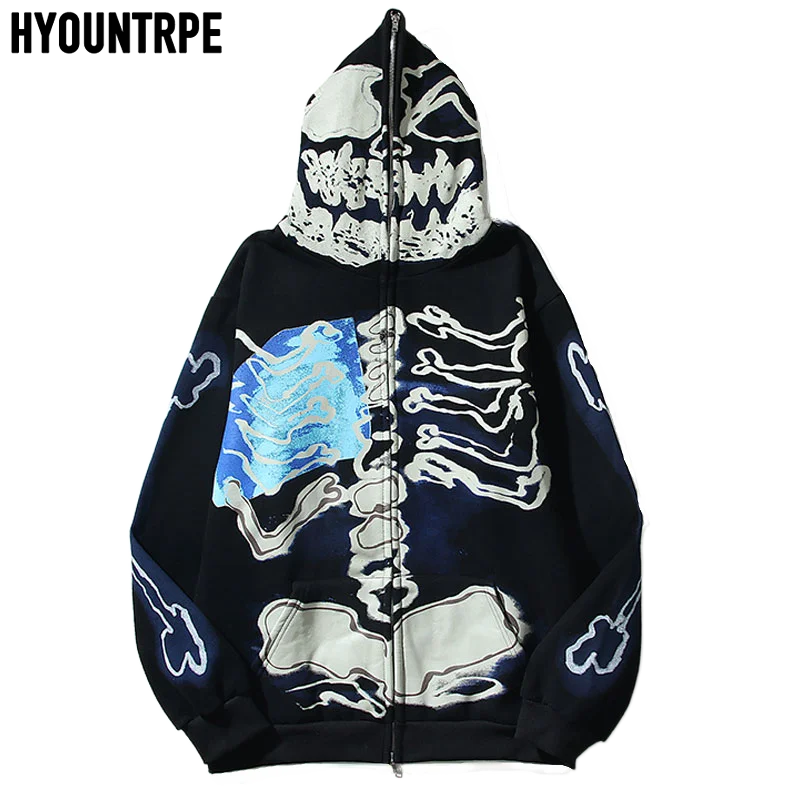 

Mens Hip Hop Hoodie Jacket Fashion Y2K Skull Printed Full Zip Hooded Fleece Sweashirts Harajuku Casual Punk Streetwear Hoodies