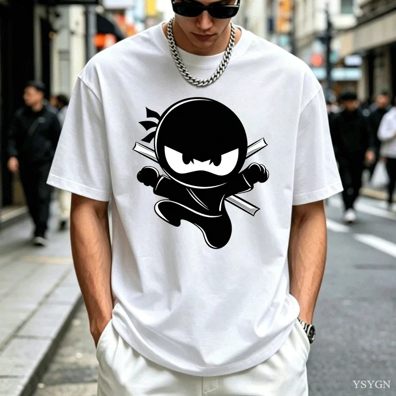 Cute Cartoon Little Ninja with Sword Print Women Man T Shirt Short Sleeve Crew Neck Cotton Warrior Parent Matching Tee Tops