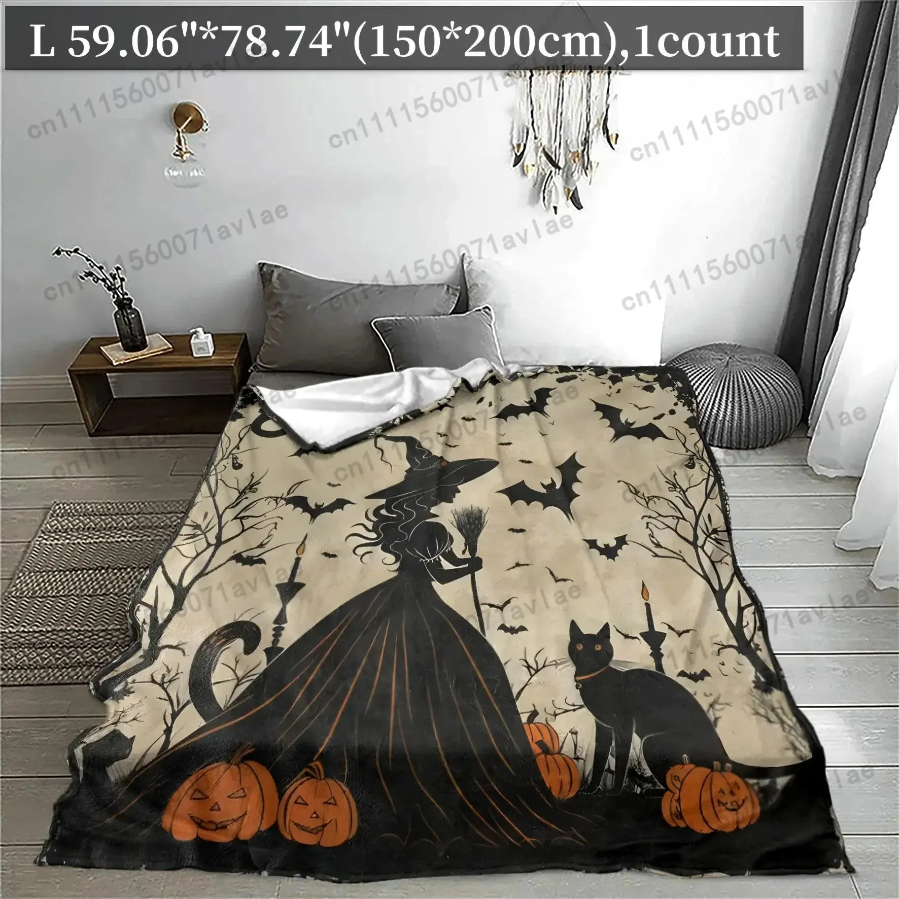 Customize Cartoon Themed Decorative Giftable Blankets, 1 Count Witch and Black Cat Pattern Soft Cozy Throw Blanket, Air-conditio