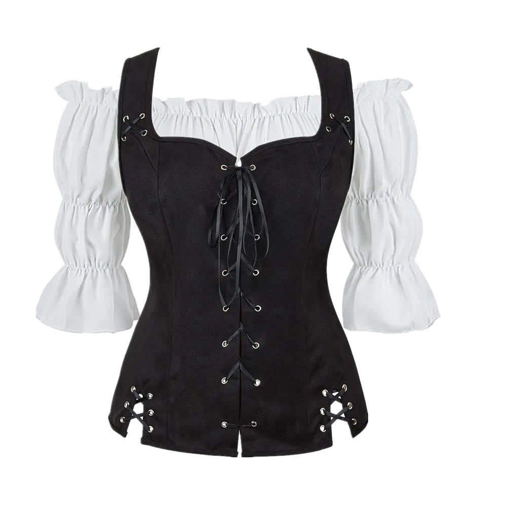 Steampunk Gothic Lace Up Pirate Vest Strap Costume for Women Renaissance Medieval Off Shoulder Corset Blouse Cosplay Costumes