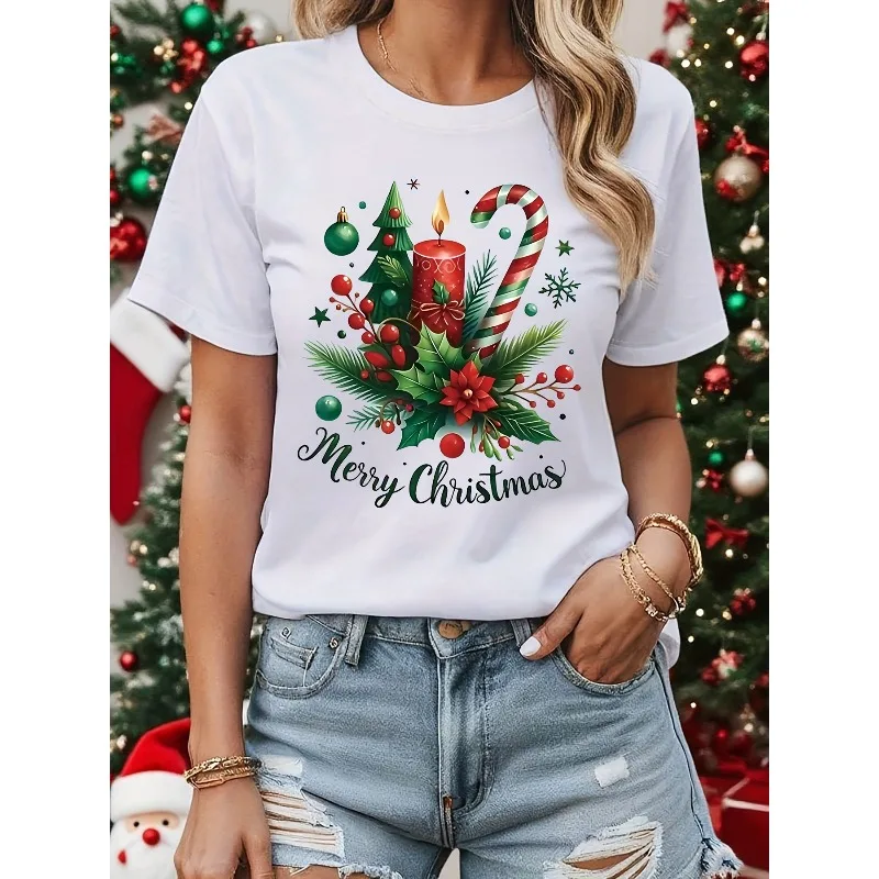 

Christmas Candles and Cane Candy Elegant Moment Merry Christmas Fashion Casual Printed Pattern Women's Round Neck T-shirt