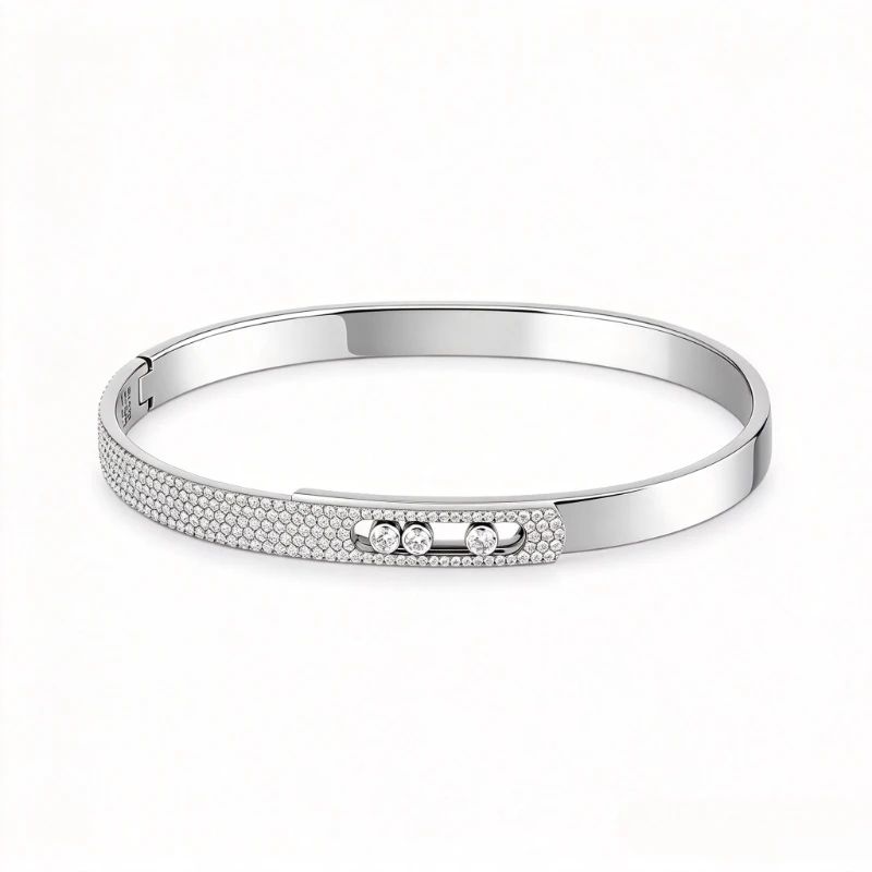 Alloy Pave Band Sliding Triple CZ Open Bangle, Elegant Modern Geometric Wrist Cuff for Women, Suitable for Daily Work, Evening Party and Romantic Anniversary Gift