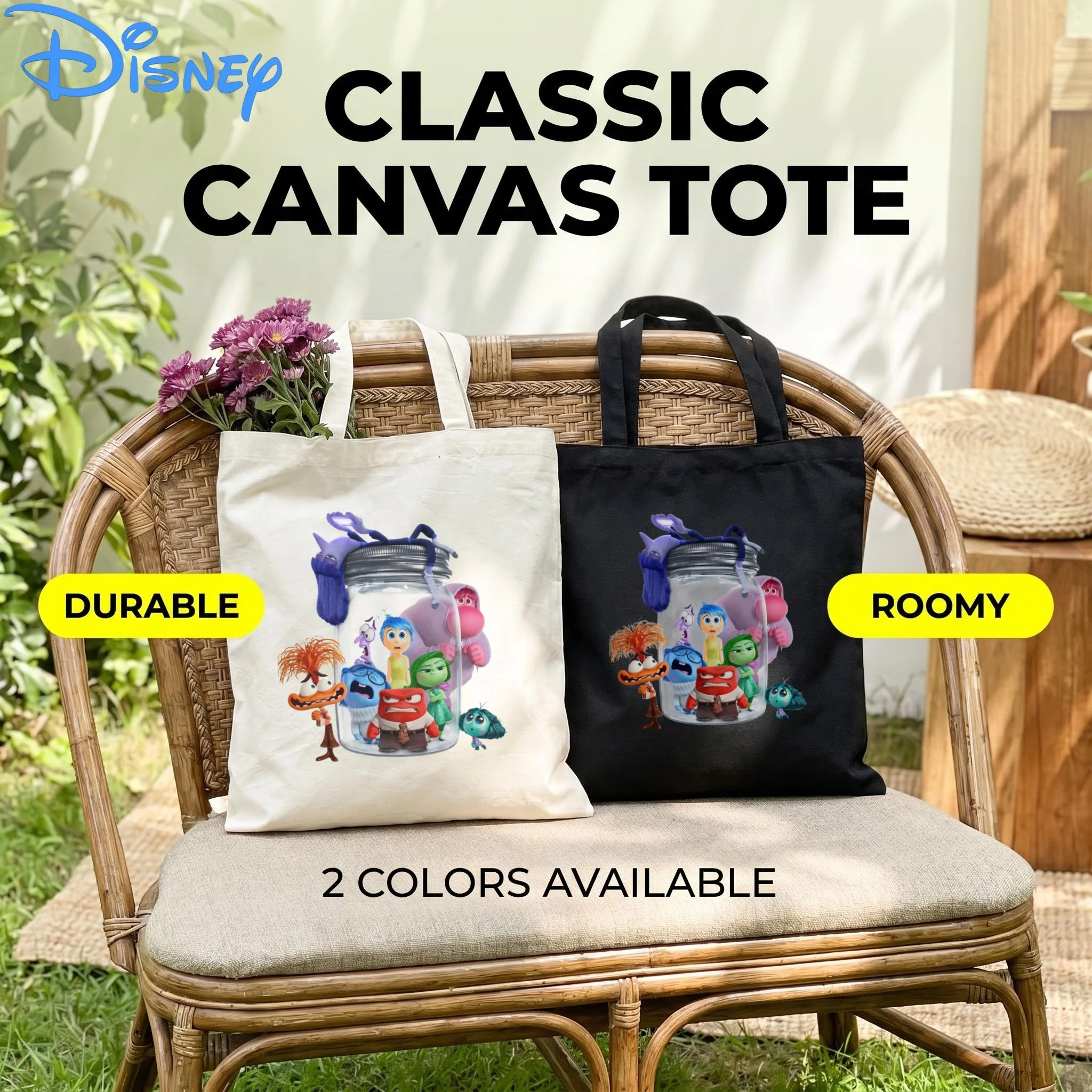 

1PC Women Disney Inside Out 2 Canvas Tote Bag, All Emotions in a Jar Print Large Capacity School Shoulder Bag