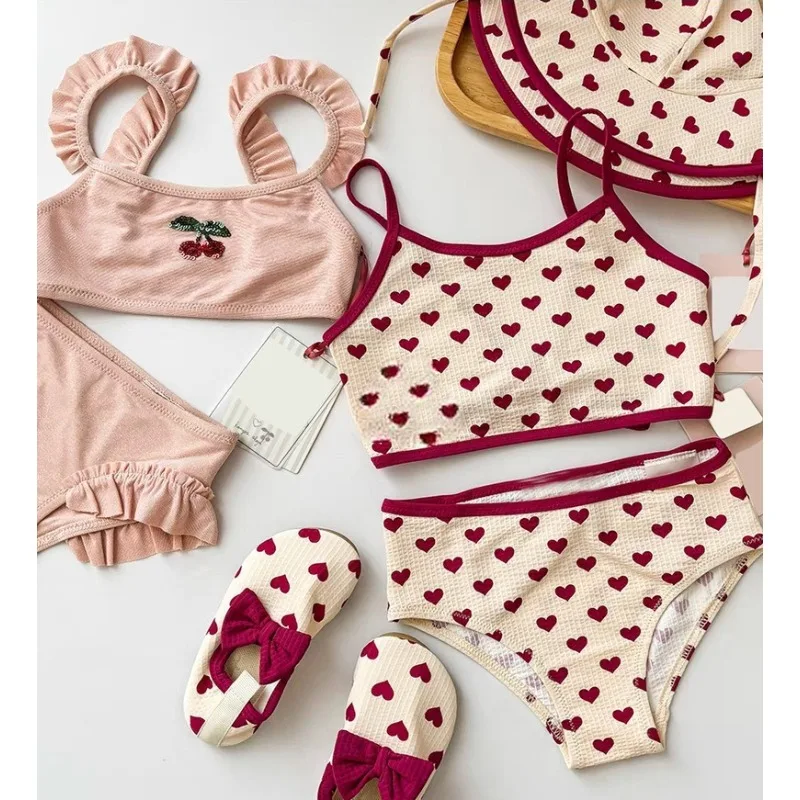Girls Sun Hat Simple Color Contrast Heart Print Fashionable Fisherman Hat Cute Set Kids Beach Swimwear Bikinis Baby Swimsuits view 6