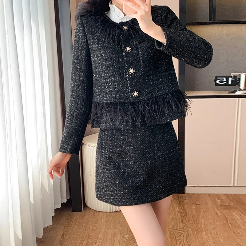 UNXX Klassischer Stil, klobige Tweed-Jacke, passendes zweiteiliges Set für Damen, Herbst 2024, Herbst und Winter, neues High-End-Mode-Anzugkleid