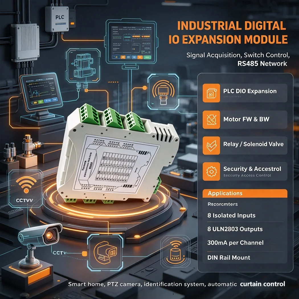 8DI 8DO RS485 MODBUS RTU IO Module Opto Isolated Input ULN2803 NPN Output DC7-25V DIN Rail PLC Expansion Board