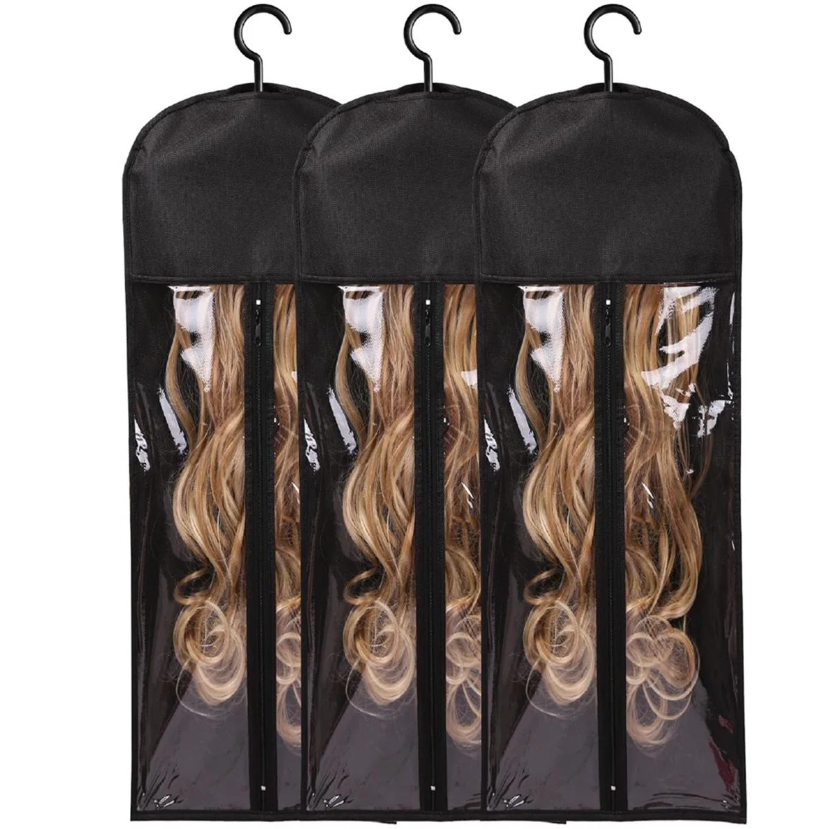 AT17 3 uds colgador de peluca Extra largo y bolsas de almacenamiento, soporte para extensiones de cabello a prueba de polvo e impermeable, diseñado para pelucas negro