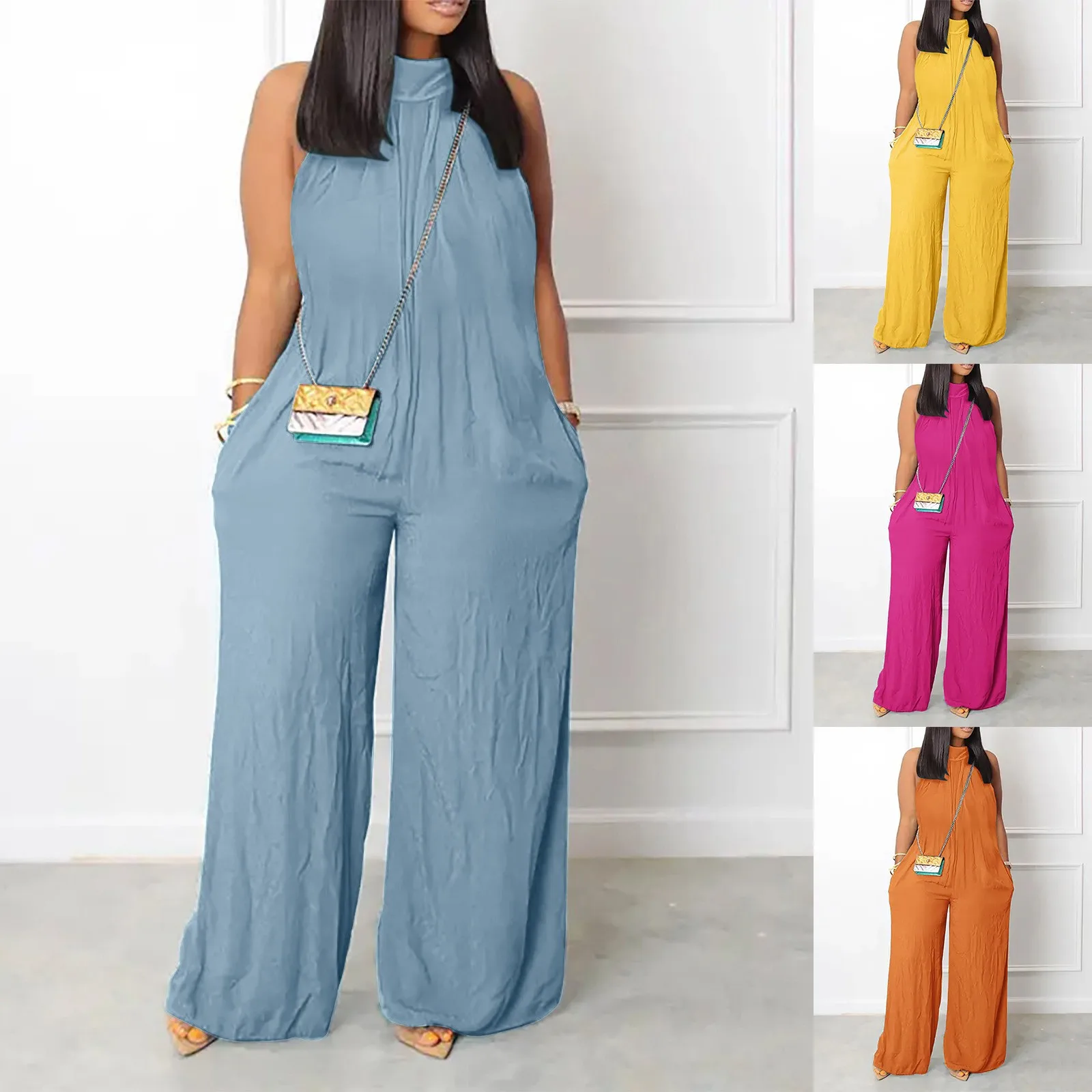 Women Summer Casual Jumpsuit Sleeveless Loose Wide Leg Rompers With Pocket Elegant Overalls Homewear One Piece Outfit Clothes