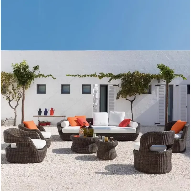 Modern Style Outdoor Rattan Chair Sofa Set with Small Coffee Table Combination for Balcony Courtyard Sunshine Garden Living