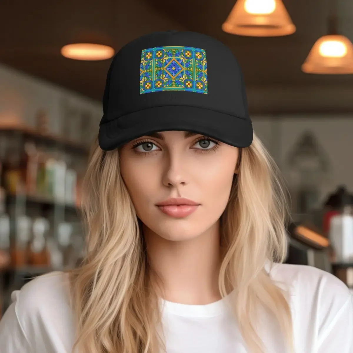 Summer ,Sicilian Tiles ,majolica,lemons ,Mediterranean Mesh Baseball Caps Snapback  Baseball Hats Breathable Casual Casquette