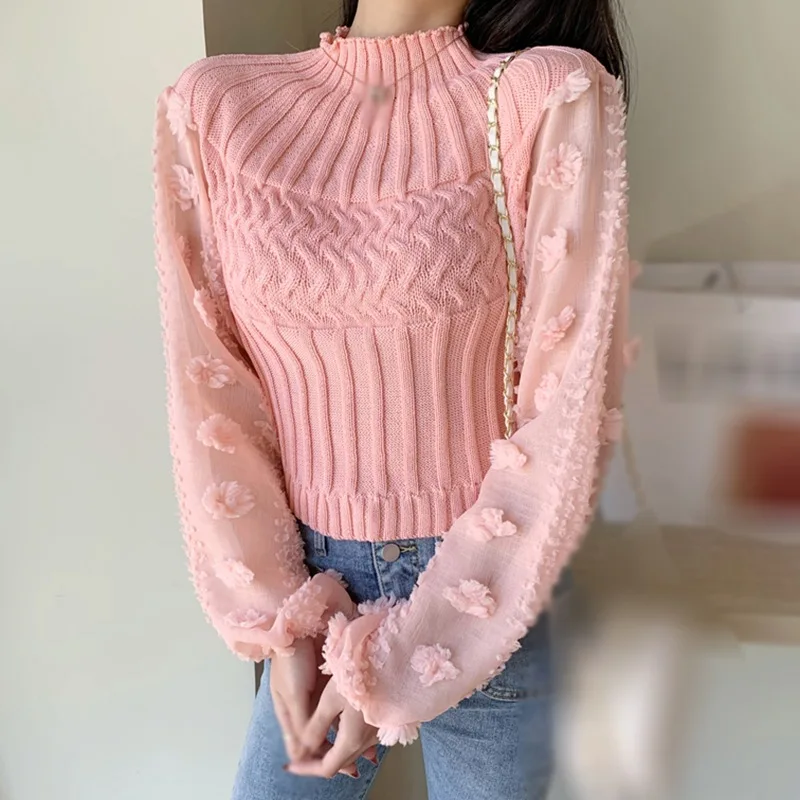 Women\'s Tight Sweater T-shirt Puff Sleeve Mesh Stitching Crew Neck Slim Tops Knitted Warm Pullover