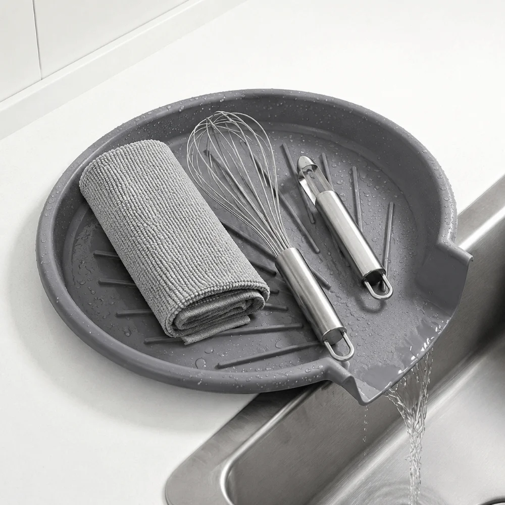 Non-Slip Sink Drain Pad Self Draining Heat Resistant Dish Drying Mat Prevents Water Build Up Easy Clean