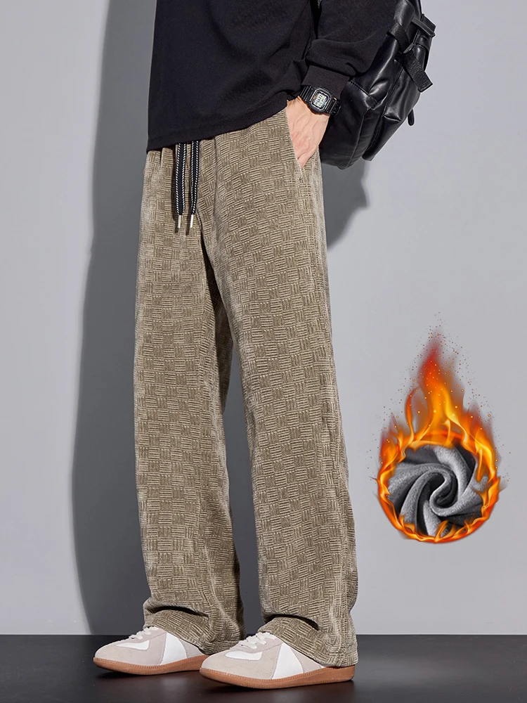 

Winter Men's Straight Jacquard Pants Fleece Fashion Straight Thickened Casual Trousers Male Loose Wide Elastic Waist Sweatpants