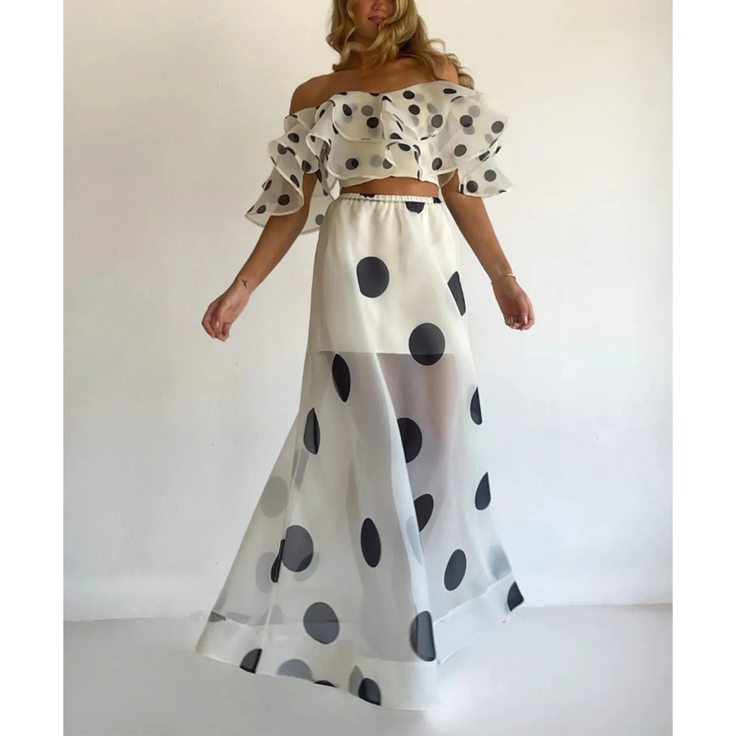 Spring and Summer 26 Tube Top Irregular Printing Lotus Leaf Edge Fashion Suit Long Dress