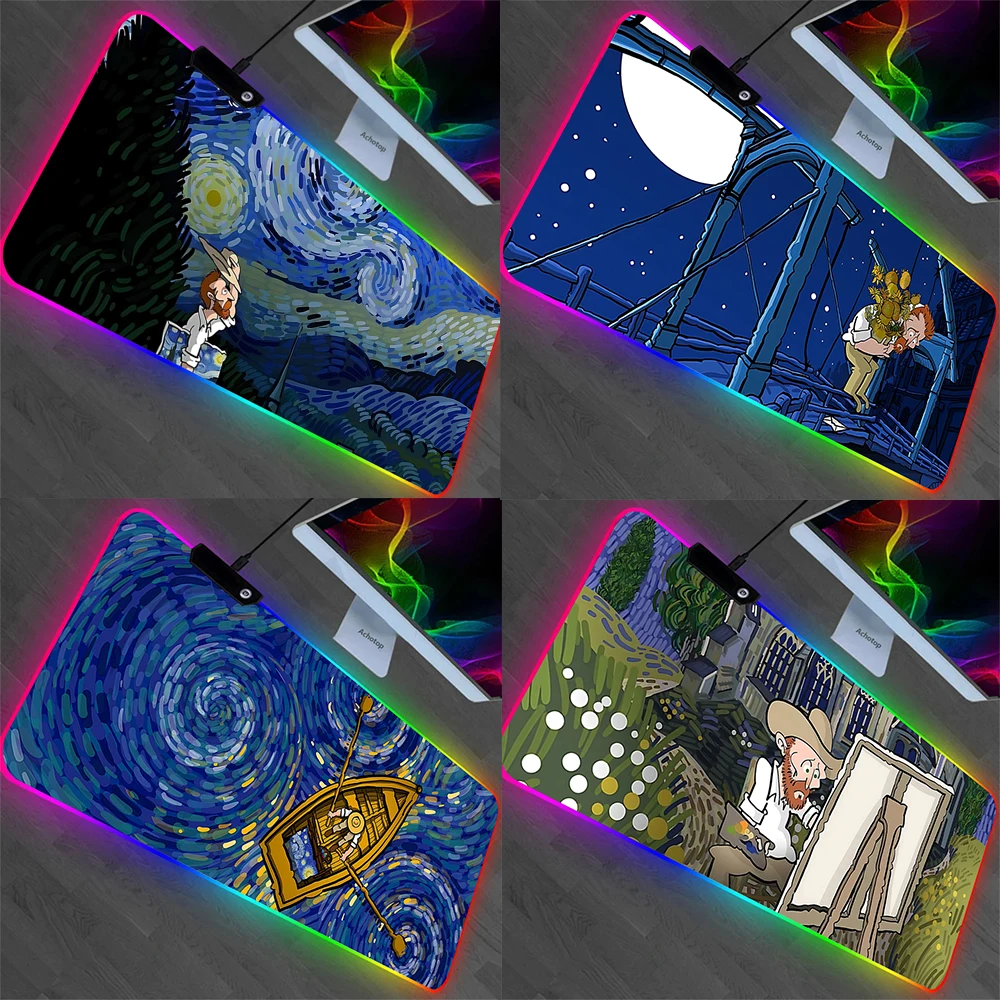 Alfombrilla de ratón con ilustraciones de Van Gogh RGB para Pc, alfombrilla de ratón con LED brillante, alfombrillas de goma para juegos de ordenador