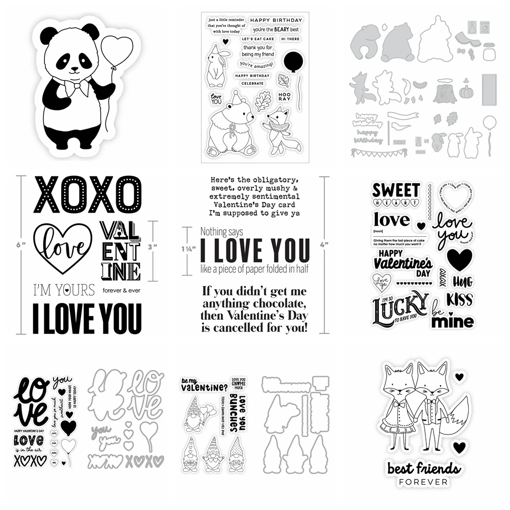 Woodland – Enchanted Forest Klare Stempel und Stanzformen, Valentinstag, Füchse, Panda, Sentiments, Silikonstempel, Bastelalbum