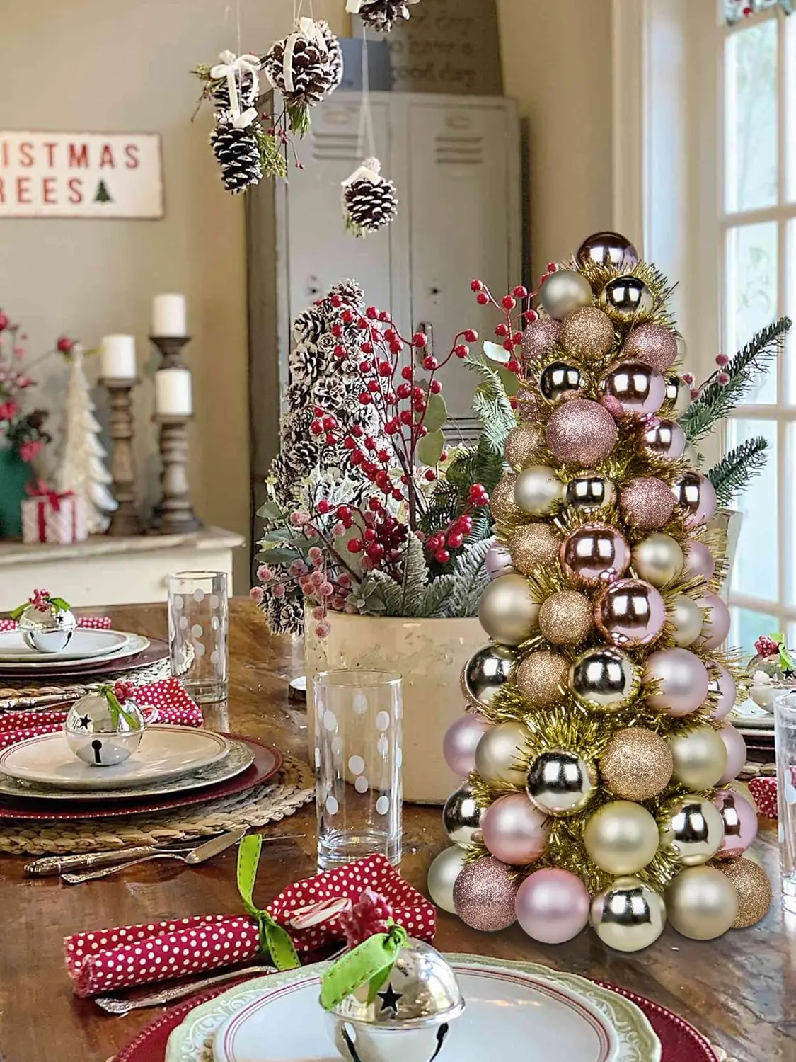 شجرة عيد الميلاد الصغيرة مقاس 16 بوصة مع 94 زينة مقاومة للكسر - ديكور ذهبي وردي #5