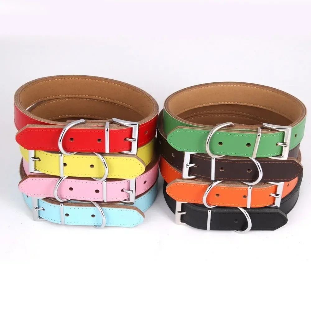 1 Piece Genuine Leather Durable Pet Dog collar Brown Black Red Orange Pink Green Blue for Puppy Large Dog Collar Size XS S M L