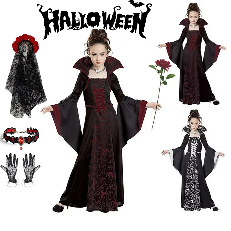 Little Girls Vampire Costume Two‑Color Lace Maxi Dress Halloween Trick Or Treat School Performance Cosplay Outfit