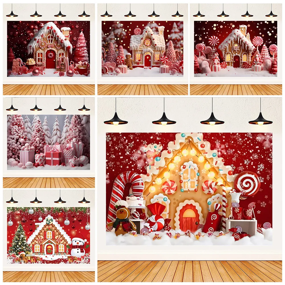 Merry Christmas Theme Xmas Red Gingerbread House Photography Backdrop Winter Snow New Year Christmas Party Baby Shower Props