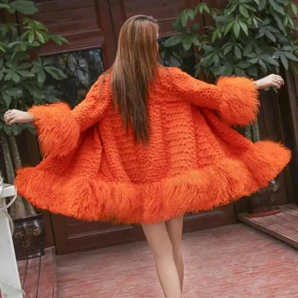 Donne in stile europeo Mongolia Manica e orlo in pelliccia di pecora capispalla larghi da donna Cappotto in vera pelliccia di coniglio maniche a 3/4 Nuova giacca di pelliccia