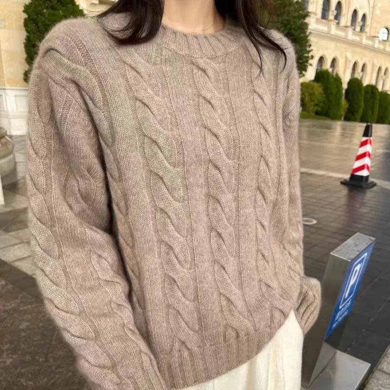 

Модный свитер из чистого кашемира Twist 100, стильный осенне-зимний свитер с круглым вырезом, свободный шерстяной вязаный свитер