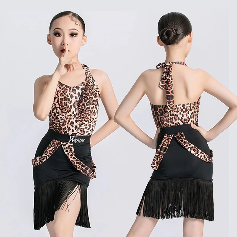 Infantil leopardo borlas Halter Dress, Professional Latin Dance Dress, Dança de Salão, Rumba, Chacha, Samba Vestidos, Meninas